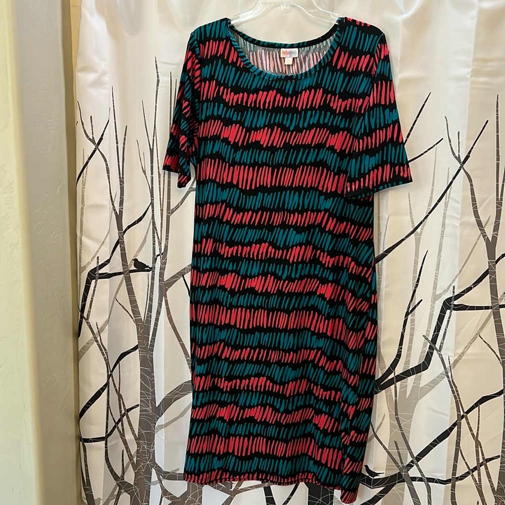 LuLaRoe Julia geometric style dress - coral, turquoise, & black 3XL